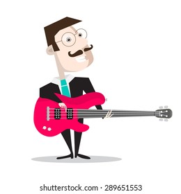 Bass Guitar Player Isolated on White - Retro Vector Flat Design Illustration