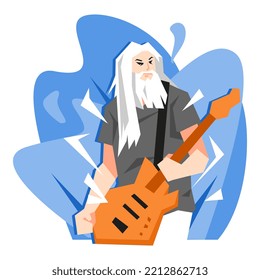 Bass Guitar Player, Old Man With Beard, Long Hair. Blue Aesthetic Background. Music Concept, Band, Shirt Design, Poster, Etc. Flat Vector Illustration