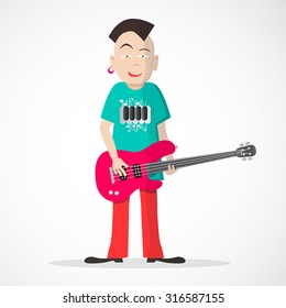 Bass Guitar Player - Punk Style Vector Isolated on Light Background