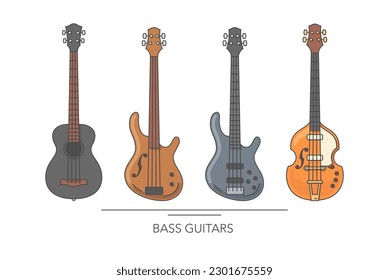 Bass guitar set. Outline colorful guitars on white background. Vector illustration.