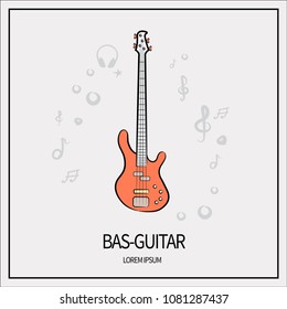 Bass guitar, stringed-plucked instrument. Icon isolated on a light background. With elements of a treble clef, a star, headphones, a mediator. Banner with a frame. Vector illustration.