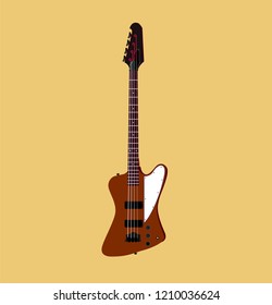 Bass guitar, vector illustration, flat design, color style, multi-layered digital drawing, music theme, songs, voice acting, sound design, rock, rap, jazz, blues. Stringed instrument. Stylish drawing