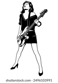 Bass Gitarrist Girl. Schwarz-weißer Vektorclipart, einzeln auf weiß.