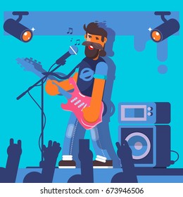 Bass Guitarist plays on the electric guitar. Rock Band Member Funny Character.Flat vector illustration