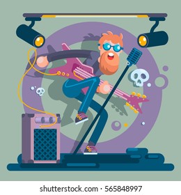 Bass Guitarist Rock Band Member Funny Character.Vector Illustration