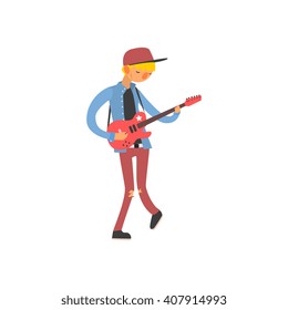 Bass Guitarist Vector Illustration In Primitive Cartoon Childish Style Isolated On White Background