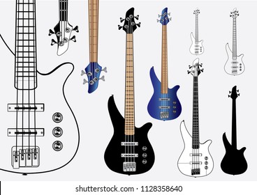 Bass Guitars Vector Graphic. Scalable and customizable vector file for Bass Guitar. Different versions, i.e. One color line style, multicolor, gradients, black and white, customize in Illustrator