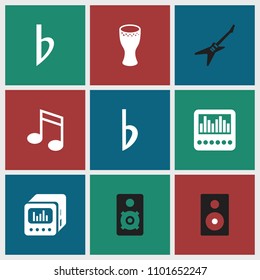 Bass icon. collection of 9 bass filled icons such as loud speaker with equalizer, bemol, drum, music note, speaker, loudspeaker. editable bass icons for web and mobile.