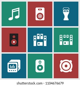 Bass icon. collection of 9 bass filled icons such as music note, speaker, loud speaker set, loud speaker with equalizer. editable bass icons for web and mobile.