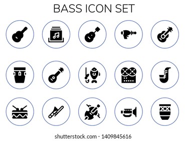 bass icon set. 15 filled bass icons.  Simple modern icons about  - Guitar, Conga, Music album, Mandolin, Fishing, Blaster, Music, Saxophone, Drum, Trombone, Cello, Jazz