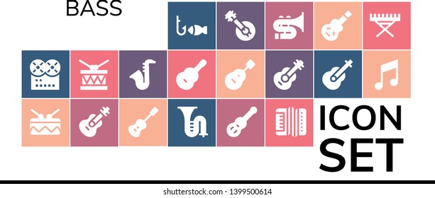 bass icon set. 19 filled bass icons.  Collection Of - Fishing, Music, Drum, Guitar, Acoustic guitar, Trombone, Accordion, Saxophone, Banjo, Electric guitar, Electric piano