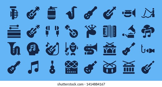 bass icon set. 32 filled bass icons. on blue background style Collection Of - Tuba, Drum, Trombone, Guitar, Music, Earphones, Instrument, Saxophone, Banjo, Fishing, Bagpipes, Electric guitar
