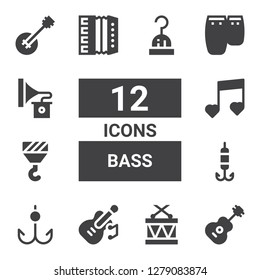 bass icon set. Collection of 12 filled bass icons included Guitar, Drums, Hook, Music, Accordion, Conga, Gramophone, Banjo