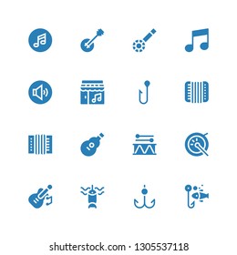 bass icon set. Collection of 16 filled bass icons included Fishing, Hook, Guitar, Drum, Acoustic guitar, Accordion, Music, Volume adjustment, Musical note, Banjo