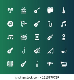 bass icon set. Collection of 25 filled bass icons included Gramophone, Blaster, Hook, Guitar, Accordion, Fishing, Cello, Music, Drum, Music note, Acoustic guitar, Conga, Banjo
