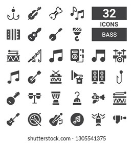 bass icon set. Collection of 32 filled bass icons included Blaster, Fishing, Music, Guitar, Drum, Electric guitar, Hook, Djembe, Conga, Banjo, Woofer, Gramophone, Music note, Drum set