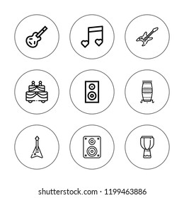 Bass icon set. collection of 9 outline bass icons with conga, electric guitar, drum, guitar, music, parade, subwoofer icons. editable icons.