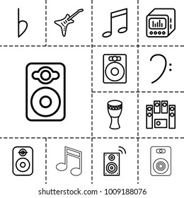 Bass icons. set of 13 editable outline bass icons such as music note, speaker, bass clef, loud speaker set, guitar, loud speaker with equalizer, bemol, drum