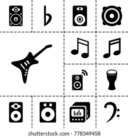 Bass icons. set of 13 editable filled bass icons such as music note, speaker, bass clef, loudspeaker, guitar, loud speaker with equalizer, bemol, drum
