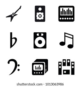 Bass icons. set of 9 editable filled bass icons such as speaker, bass clef, loud speaker set, loud speaker with equalizer, music note, loudspeaker, guitar