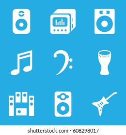 Bass icons set. set of 9 bass filled icons such as speaker, bass clef, loud speaker set, guitar, loud speaker with equalizer, drum
