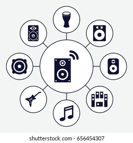 Bass icons set. set of 9 bass filled icons such as speaker, loud speaker set, loudspeaker, guitar, drum, music loudspeaker