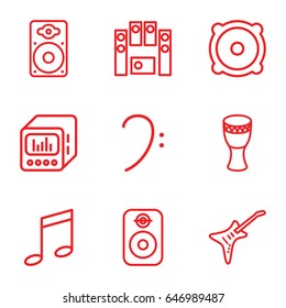 Bass icons set. set of 9 bass outline icons such as bass clef, speaker, loud speaker set, loudspeaker, guitar, loud speaker with equalizer, drum