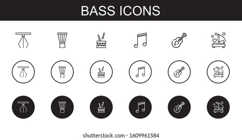 bass icons set. Collection of bass with hook, drum, musical note, guitar, gramophone. Editable and scalable bass icons.