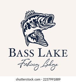 Bass lake fishing lodge logo design. Largemouth Bass jumping icon. Freshwater fish angling emblem. Vector illustration.