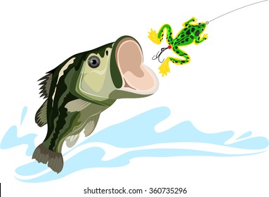 bass and lure, predatory fish, big fishing, silicone bait, vector illustration