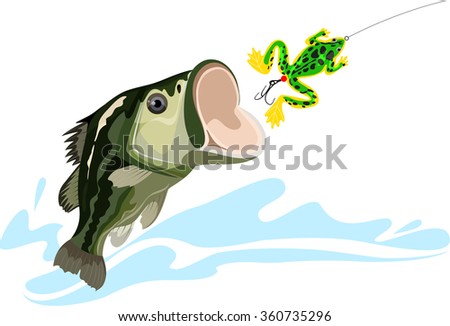 bass and lure, predatory fish, big fishing, silicone bait, vector illustration