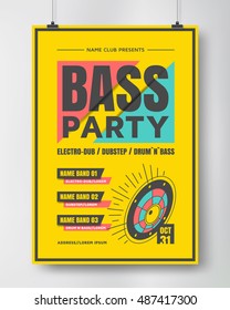 Bass party poster . Electronic music show. Drum and bass flyer design. Vector