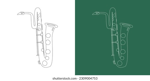 Bass saxophone line drawing cartoon style. Brass instrument bass saxophone clipart drawing in linear style isolated on white and chalkboard background. Musical wind instrument clipart concept, vector 