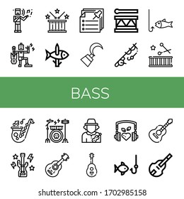 bass simple icons set. Contains such icons as Musical, Music, Drum, Fishing, Notes, Hook, Saxophone, Bass guitar, Drum kit, Acoustic guitar, can be used for web, mobile and logo