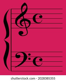 The bass and treble clef with stave lines set over a colored background
