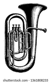 Bass Tuba is a brass instrument of the sax horn family, vintage line drawing or engraving illustration.