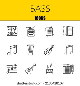 conjunto de iconos de línea vectorial de bajo. música, tambores y notas Iconos. Diseño delgado de línea. Elementos gráficos de contorno modernos, símbolos de trazo simple ilustración de fondo