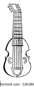 Bass Viol is a family or musical instruments and is related to and descending from the vihuela and rebec, vintage line drawing or engraving illustration.
