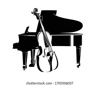 Bass Viol And Grand Piano Instruments - Jazz Music Duet Concert Black And White Vector Design