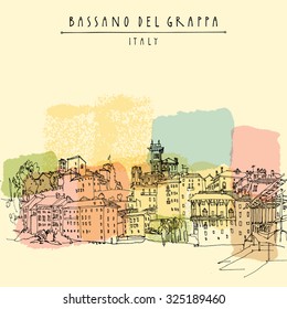 Bassano del Grappa, Italy, Europe. Panoramic skyline waterfront view drawing. Artistic postcard in vintage style. Vector