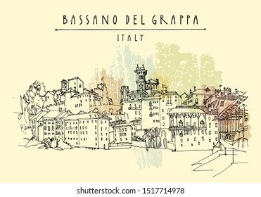 Bassano del Grappa, Italy. Panoramic view, waterfront. Italian historic buildings in old town. Retro style postcard or poster, book or calendar illustration. EPS10 vector
