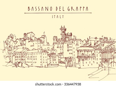 Bassano del Grappa, Italy. Panoramic view, waterfront. Italian historic buildings in old town. Retro style postcard, poster template or calendar vector illustration