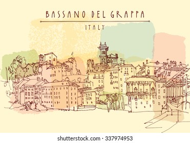 Bassano del Grappa, Italy. Panoramic view, waterfront. Italian historic buildings in old town. Retro style vector postcard, poster template or calendar illustration