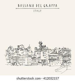 Bassano del Grappa, Italy. Panoramic view, waterfront. Italian historic buildings in old town. Retro style touristic postcard, poster template or book illustration in vector