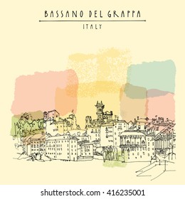 Bassano del Grappa, Italy. Panoramic view, waterfront. Italian historic buildings in old town. Retro style touristic postcard, poster template or book illustration in vector