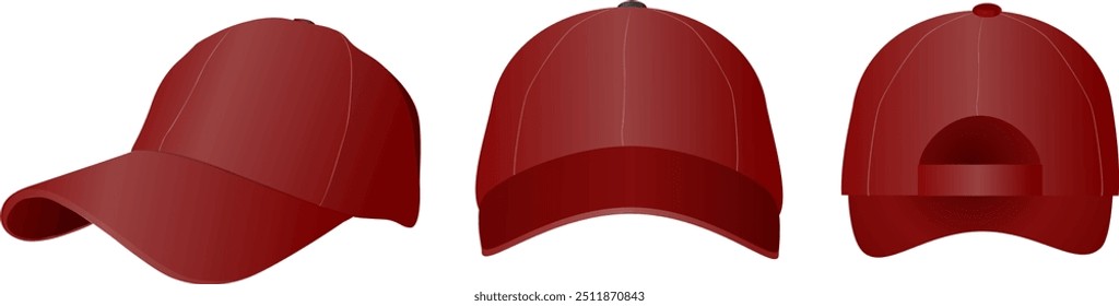 basseball cap design shown from the frony, side, and back. red in color and customizable to meet your needs. Used for cap samples, mockups, and store models