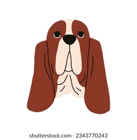 Basset breed dog, cute doggy head avatar. Adorable lovely sweet puppy muzzle, canine animal face portrait. Bicolor lop-eared pup. Flat vector illustration isolated on white background