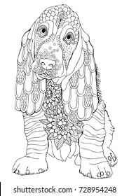 Basset. Hand drawn dog. Sketch for anti-stress adult coloring book in zen-tangle style. Vector illustration  for coloring page.