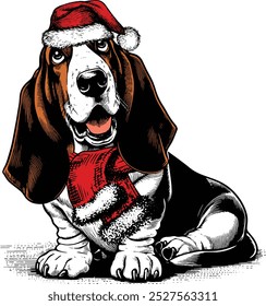 Basset Cão raça em chapéu vermelho de Papai Noel, Cão de Natal engraçado, Feriado de inverno de Cão de Natal, Cão de Natal bonito