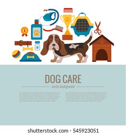 Basset hound care infographic concept with dog grooming isolated elements. Puppy training colorful cartoon poster vector illustration template for pet shops designs.